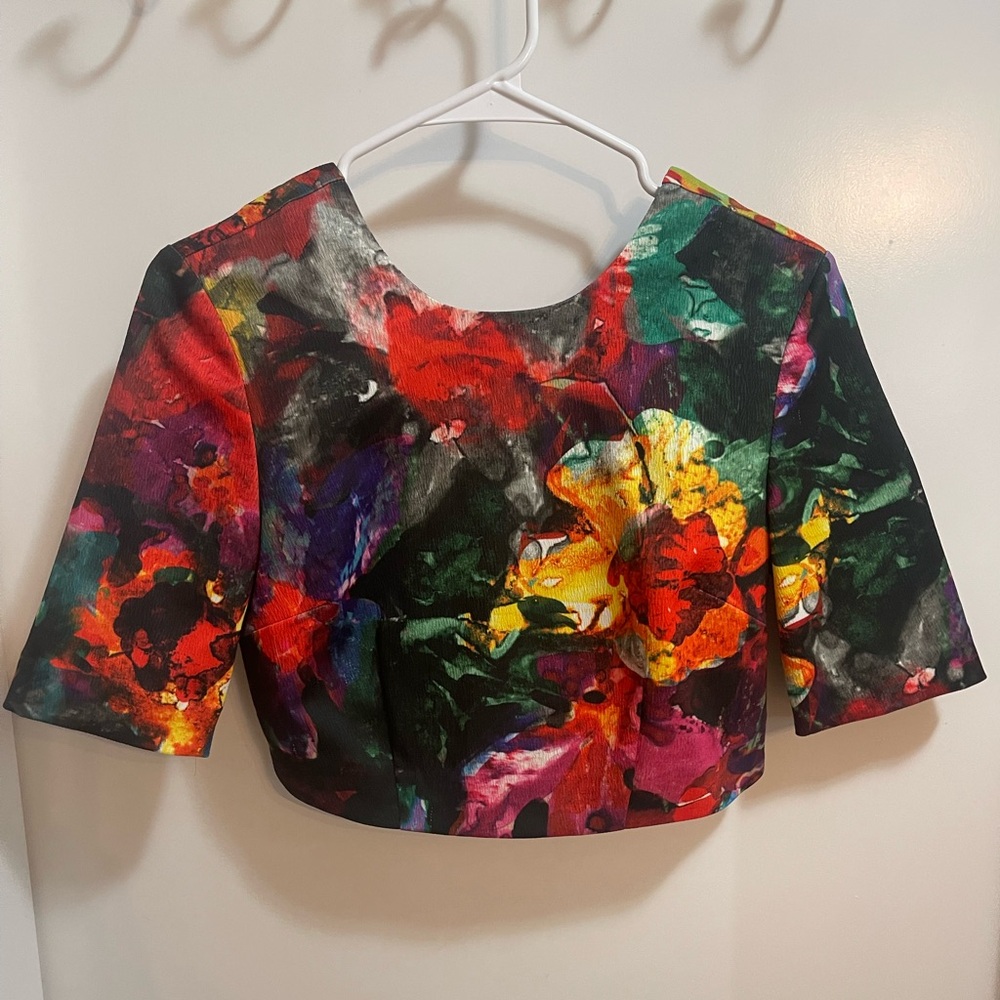 H&M multi colour cropped blouse with double bowtie detail - sz 6